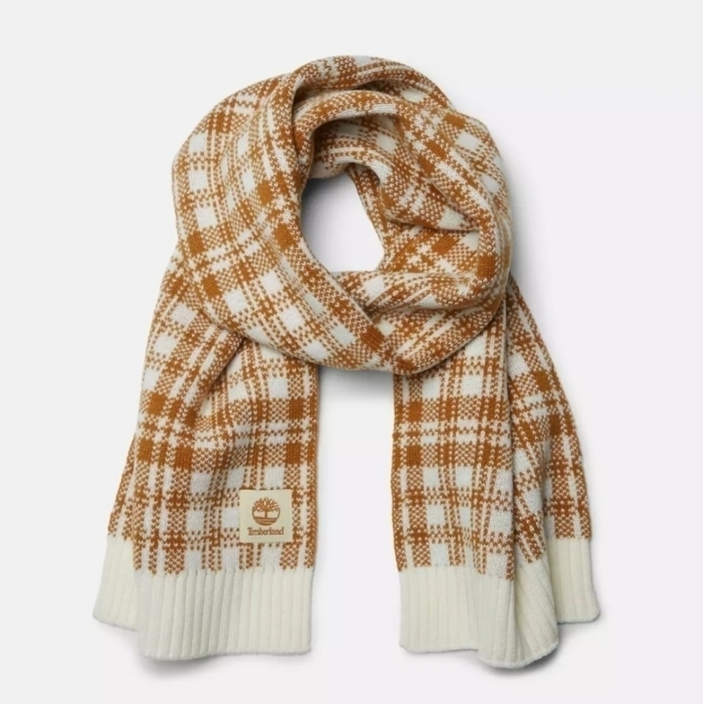 Timberland Wheat Mustard Yellow White Plaid Knit Acrylic Scarf Unisex - Picture 3 of 12